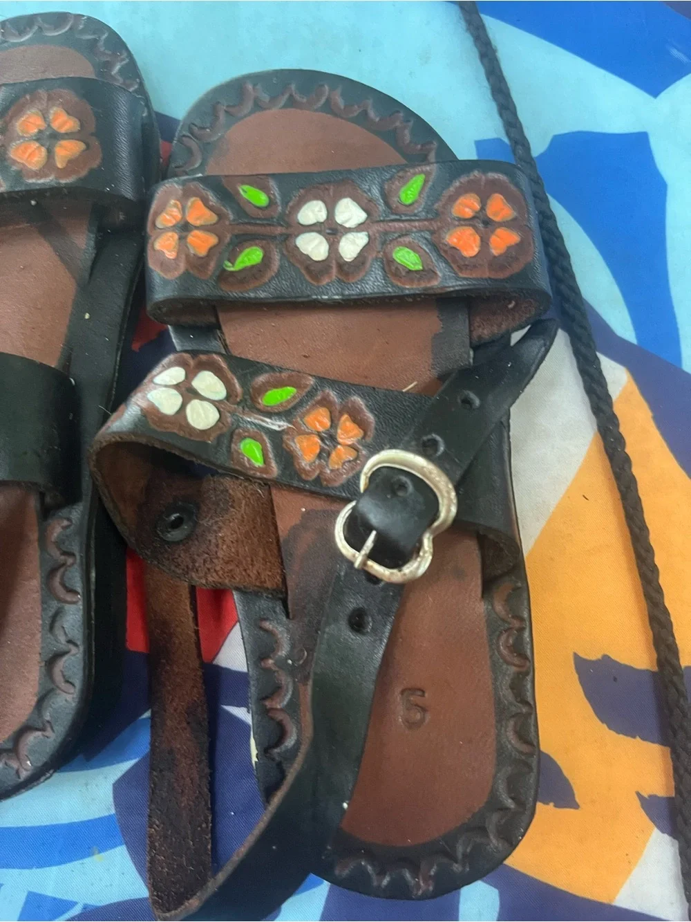 Hand-Painted Floral Leather Kids Sandals - Brown & Black